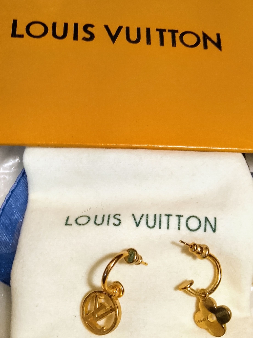 Louis Vuitton Gold LV Charm Hoop Earrings with Flower Dangle